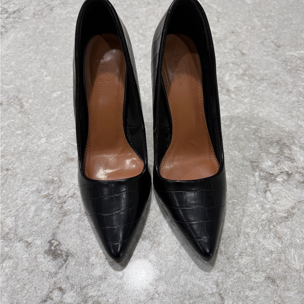 ASOS Black Croc-Embossed Pointed Toe Heels | Size 7